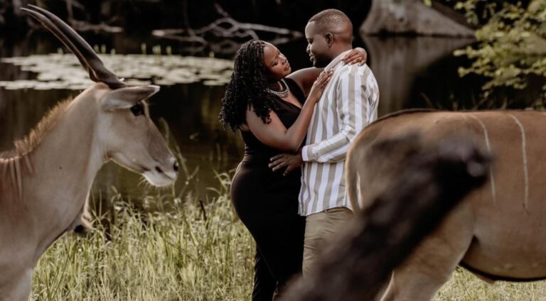 Couple embracing during a safari photo shoot